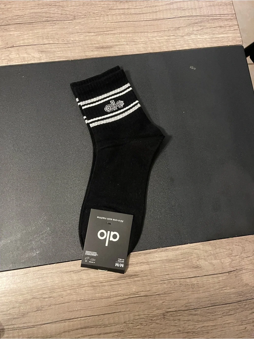 ALO Yoga Black Crew Athletic Socks with White Stripes